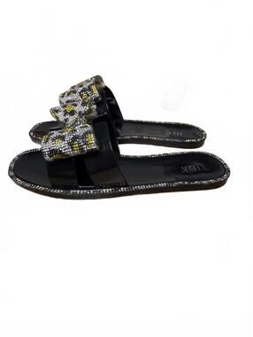 H2K Glitter Bow Slid Sandals Sz 7 Black Bling Jewel Stone Jelly Slippers Shiny